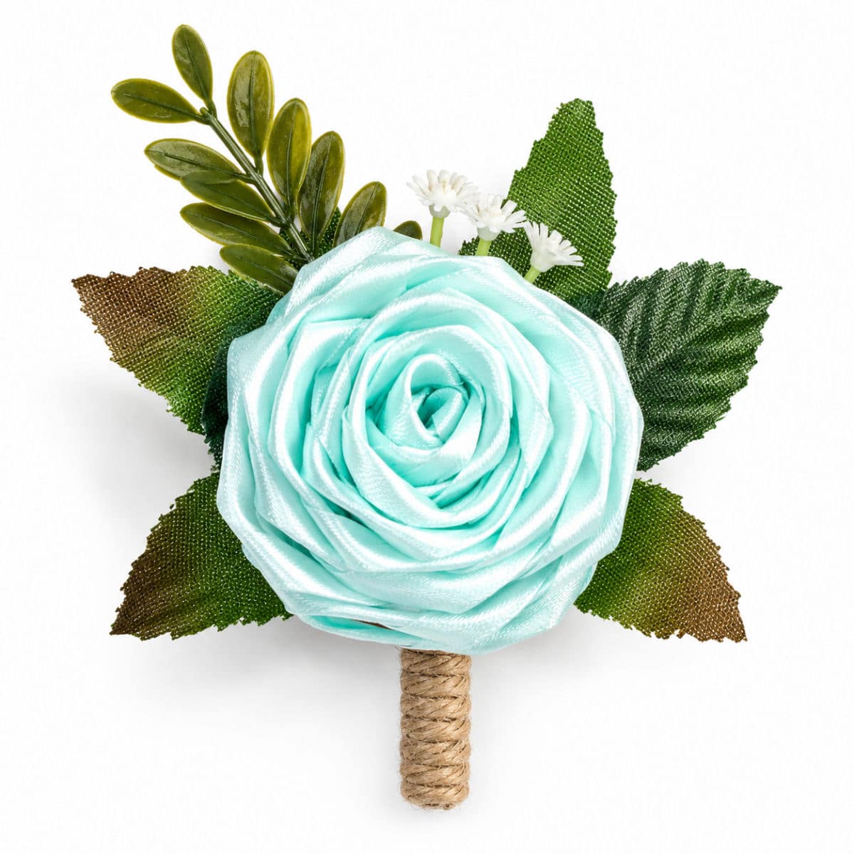 Aqua satin rose wedding buttonhole with decorative greenery and rustic stem detailing