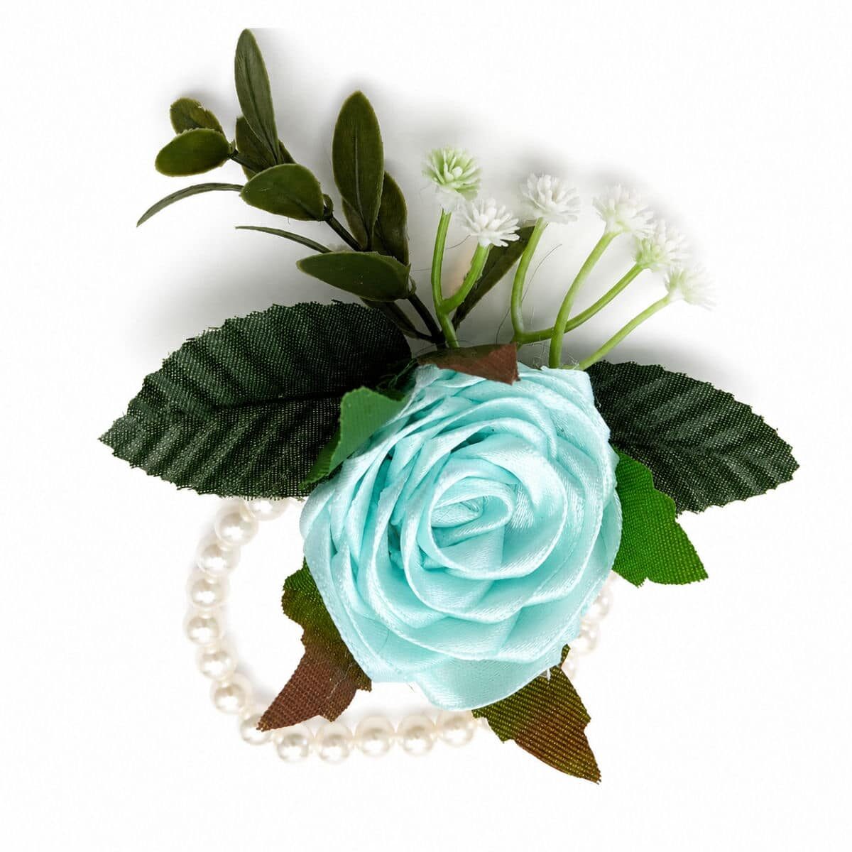 Handmade aqua satin rose wrist corsage with pearl wristband and decorative greenery