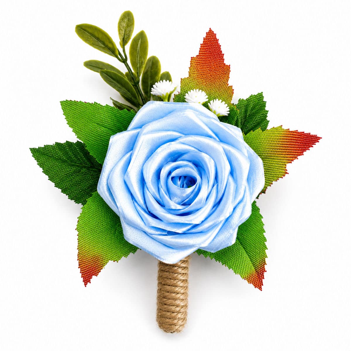 Bluebird satin rose wedding buttonhole with decorative greenery and rustic stem detailing