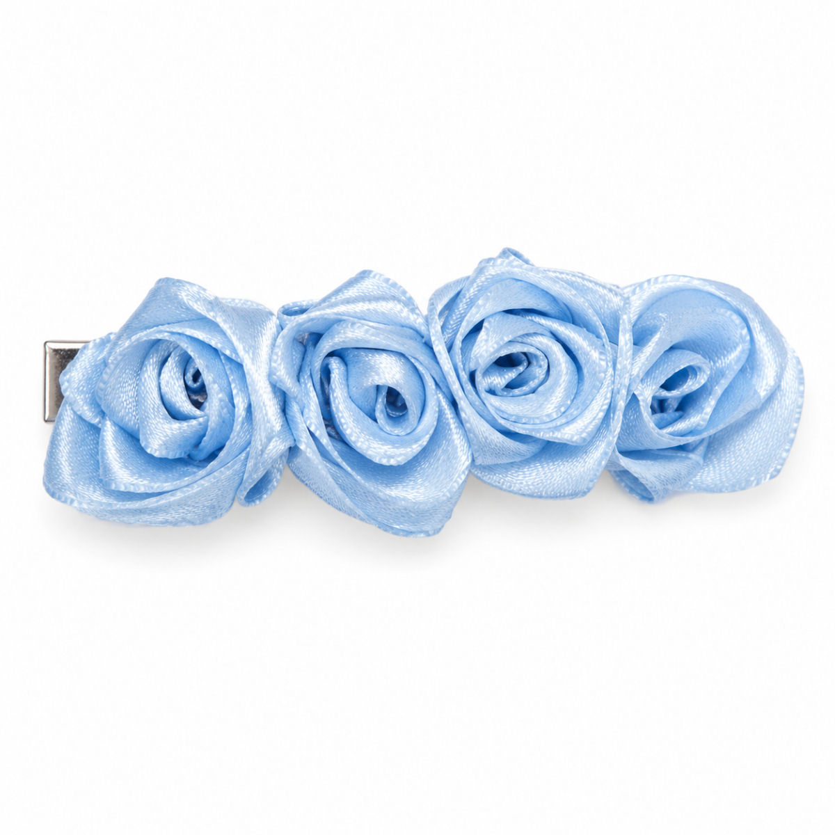 Handmade bluebird satin rose hair barrette with four ribbon roses
