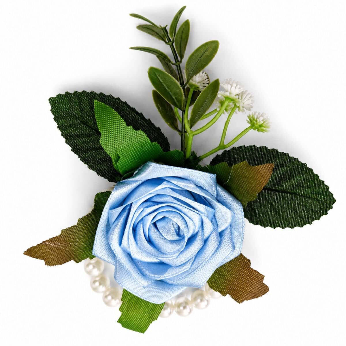 Handmade bluebird satin rose wrist corsage with pearl wristband and decorative greenery