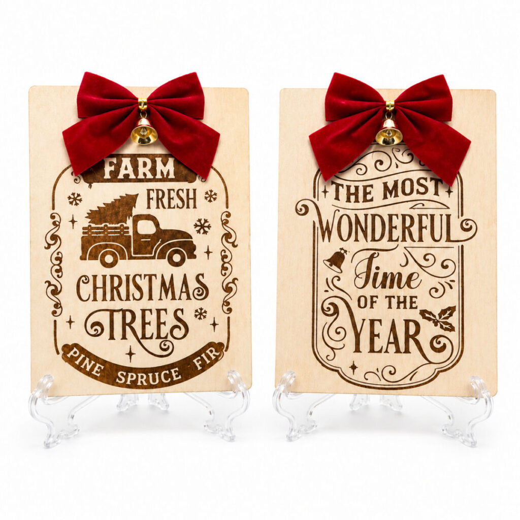 Christmas Wooden Plaque Gift Set featuring Farm Fresh Christmas Trees and Most Wonderful Time of the Year designs with display stands