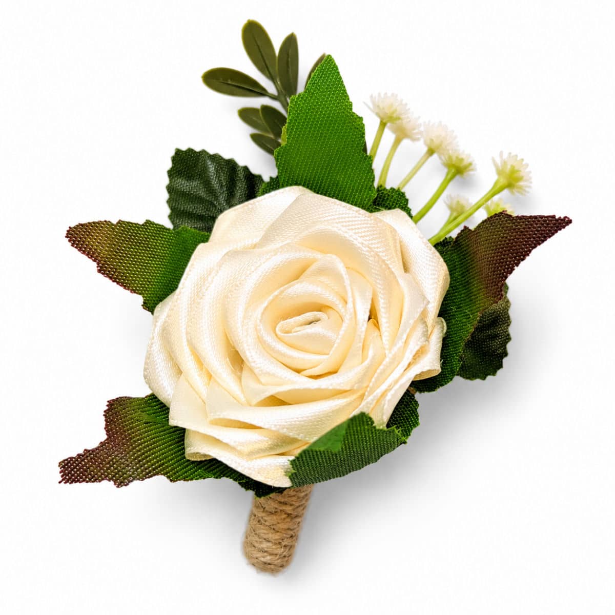 Cream satin rose wedding buttonhole with decorative greenery and rustic stem detailing
