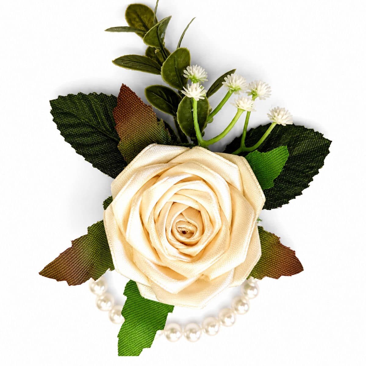 Cream satin rose wrist corsage with pearl bracelet and decorative greenery on white background