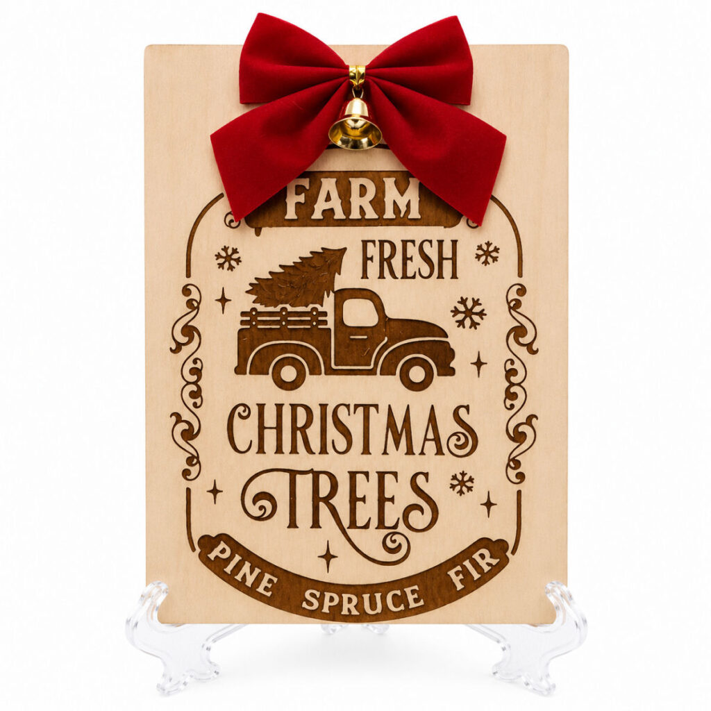 Farm Fresh Christmas Trees Wooden Plaque with vintage truck design, red bow, bell detail and display stand