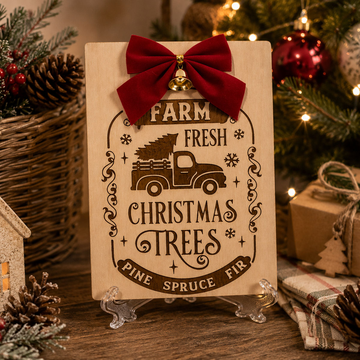 Farm Fresh Christmas Trees Wooden Plaque displayed with Christmas tree, pinecones, wrapped gifts and festive decorations