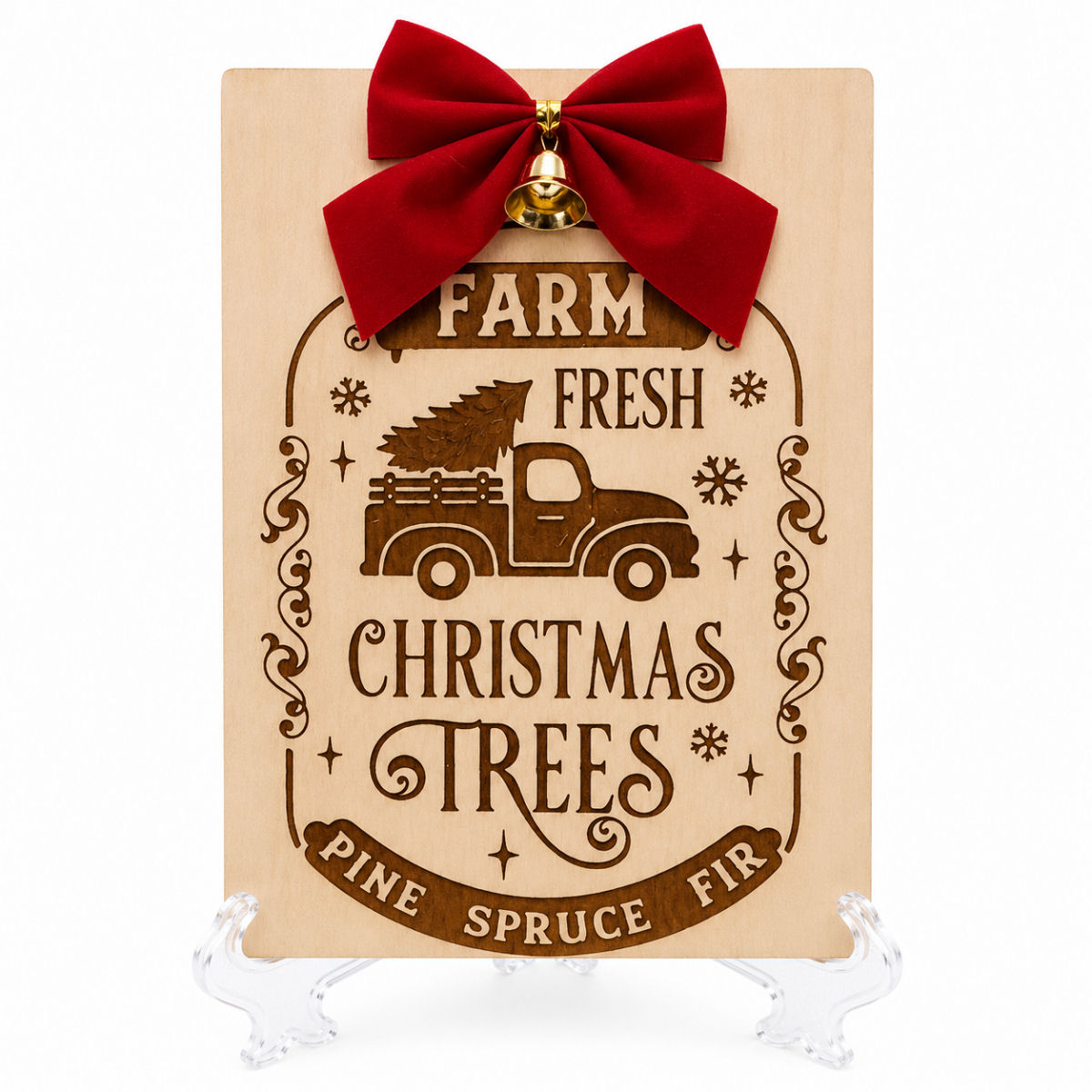 Farm Fresh Christmas Trees Wooden Plaque with vintage truck design, red bow, bell detail and display stand