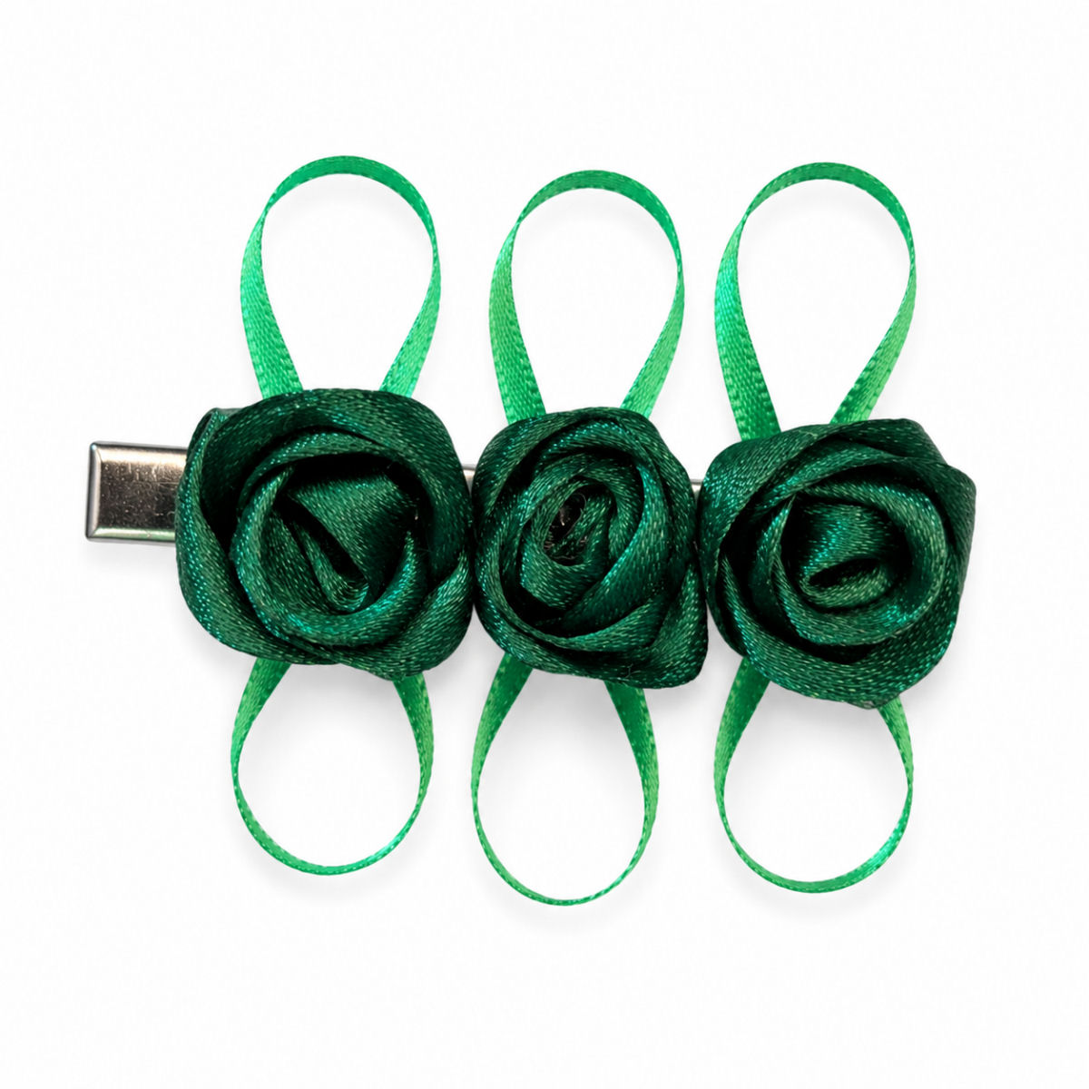 Handmade green satin rose hair barrette with three ribbon roses