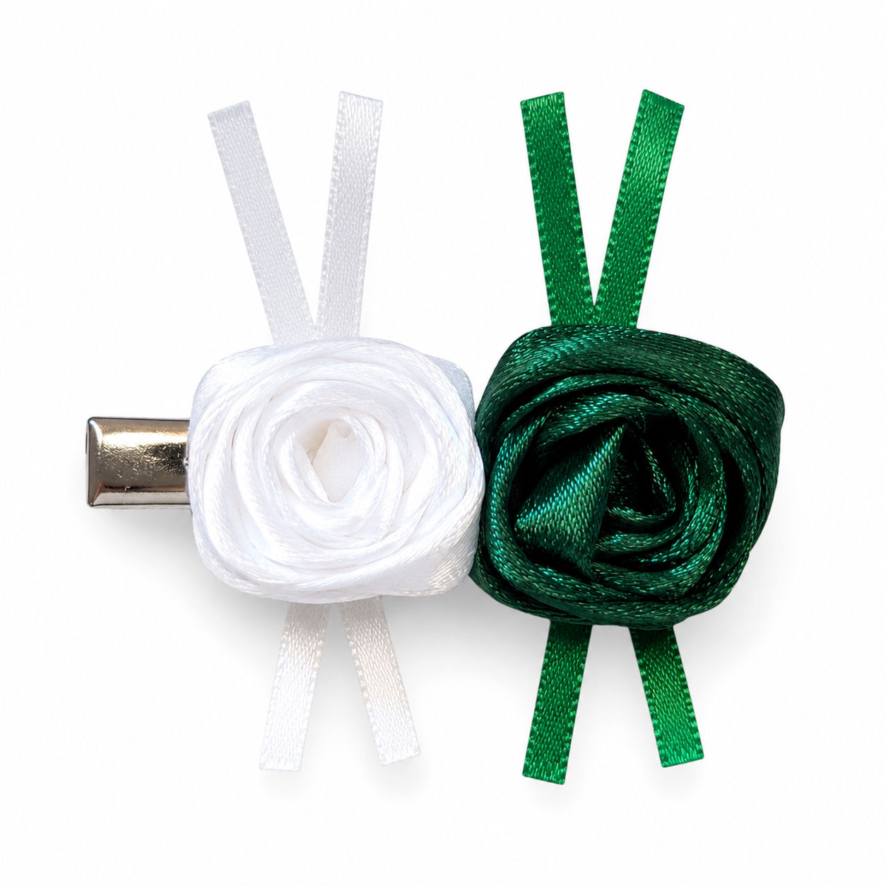 Handmade green and white satin rose hair clip pair with ribbon tails