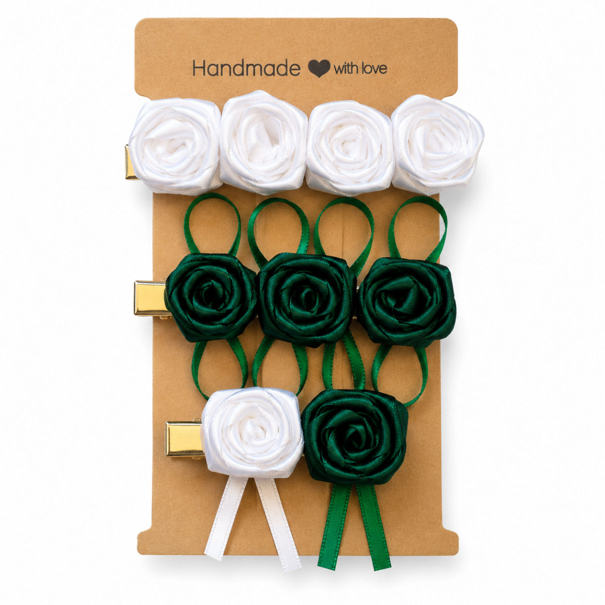 Handmade green and white satin rose hair clip set on display card