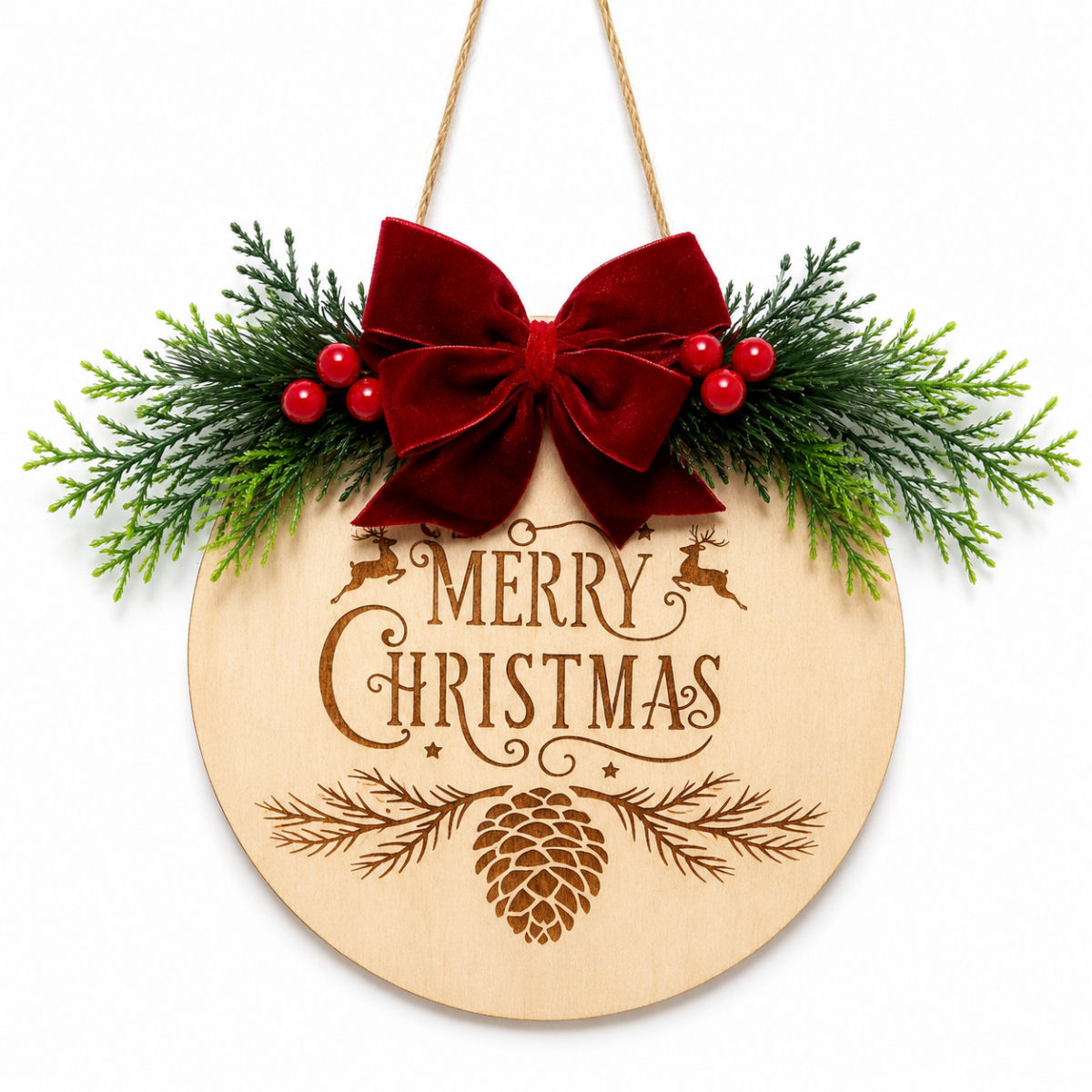 Handmade Merry Christmas wooden hanging plaque with burnt engraved effect, red velvet bow, festive greenery and hanging twine.