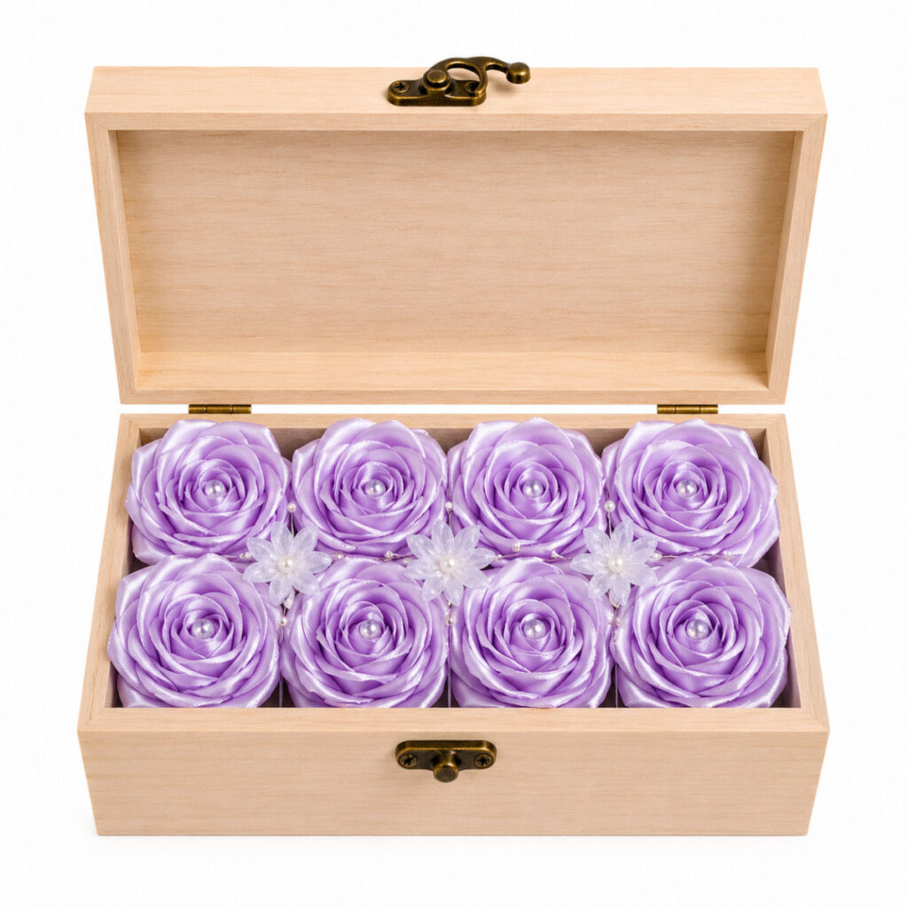 Light Orchid Forever Rose Keepsake Box with eight handmade satin roses arranged inside a wooden keepsake box.