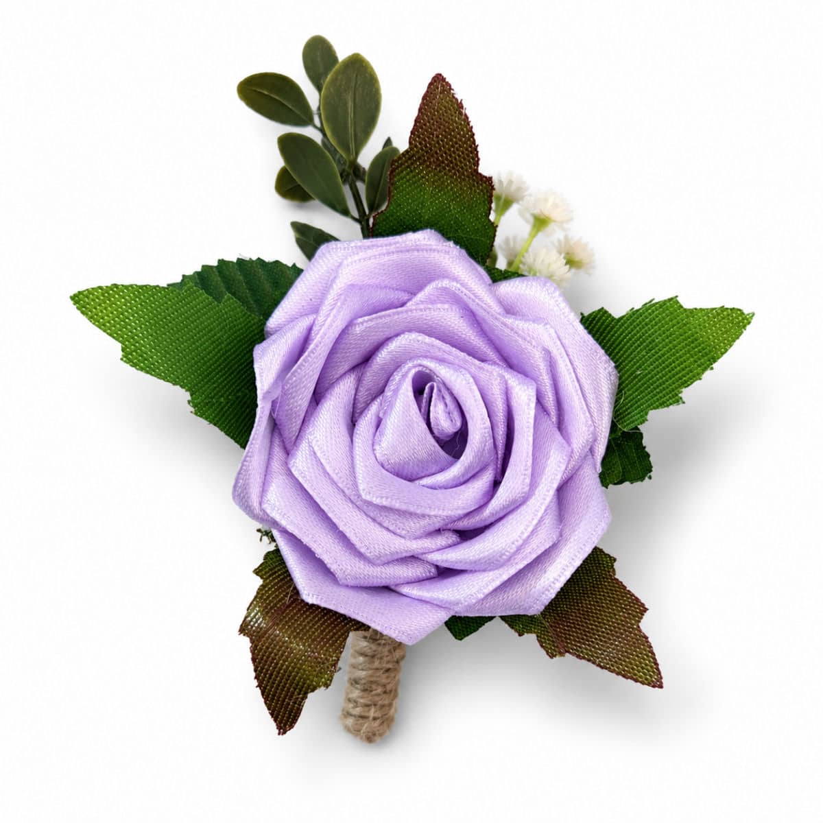 Light Orchid satin rose wedding buttonhole with decorative greenery