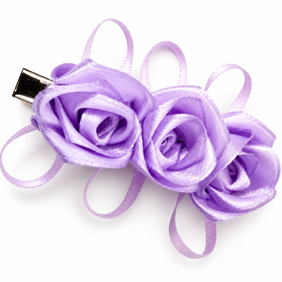 Handmade light orchid satin rose hair barrette with three ribbon roses