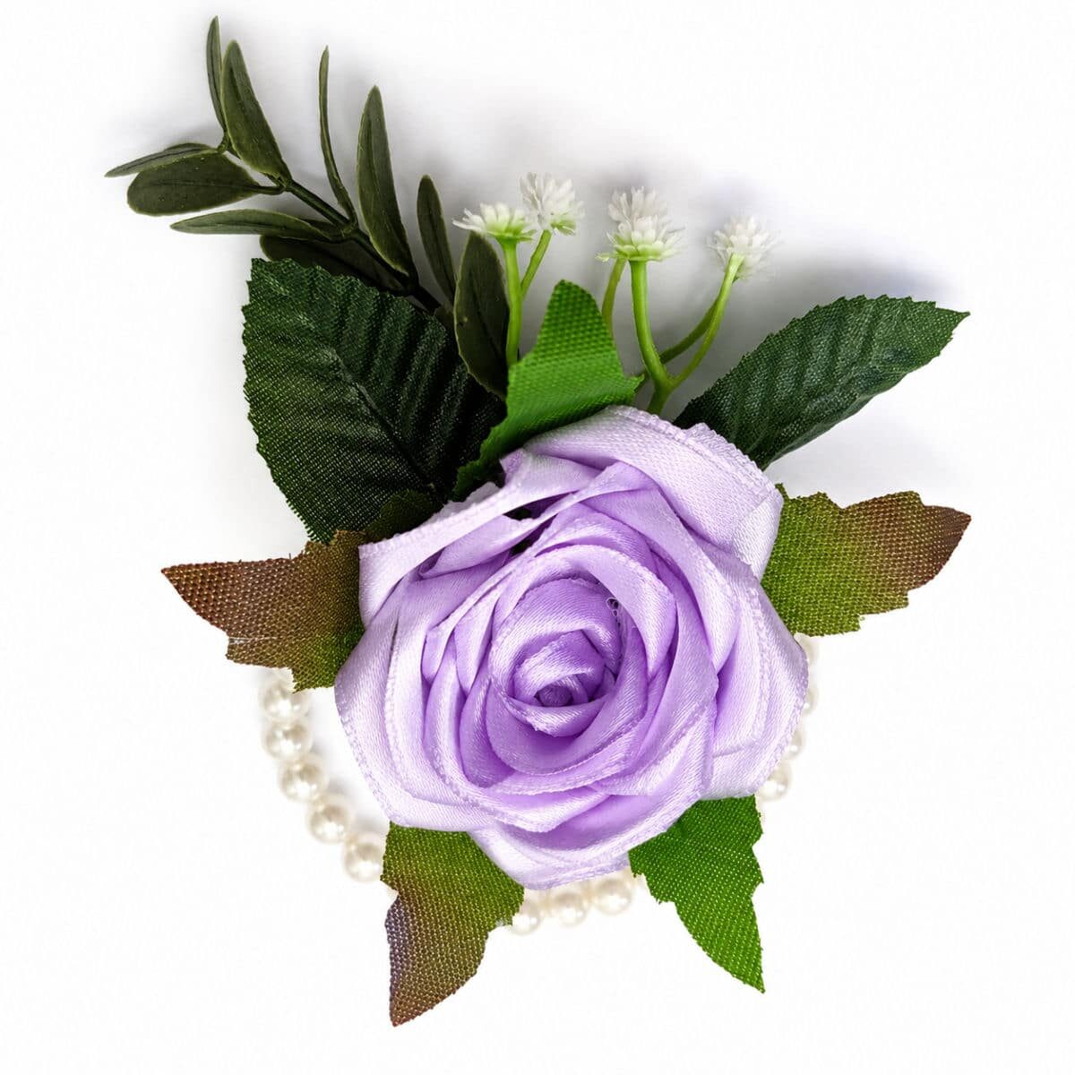 Handmade light orchid satin rose wrist corsage with pearl wristband and decorative greenery