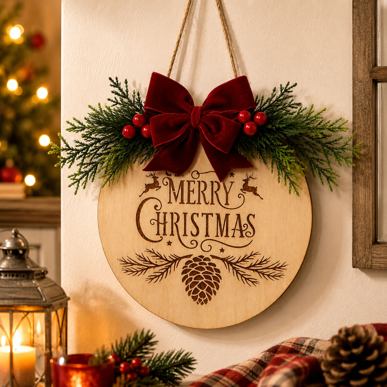 Handmade Merry Christmas wooden hanging plaque displayed in a festive home setting with Christmas decorations, greenery and warm seasonal lighting.