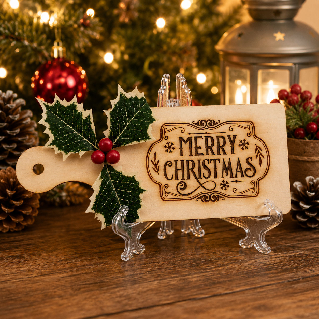 Merry Christmas Wooden Plaque displayed with Christmas lights, greenery and festive decorations