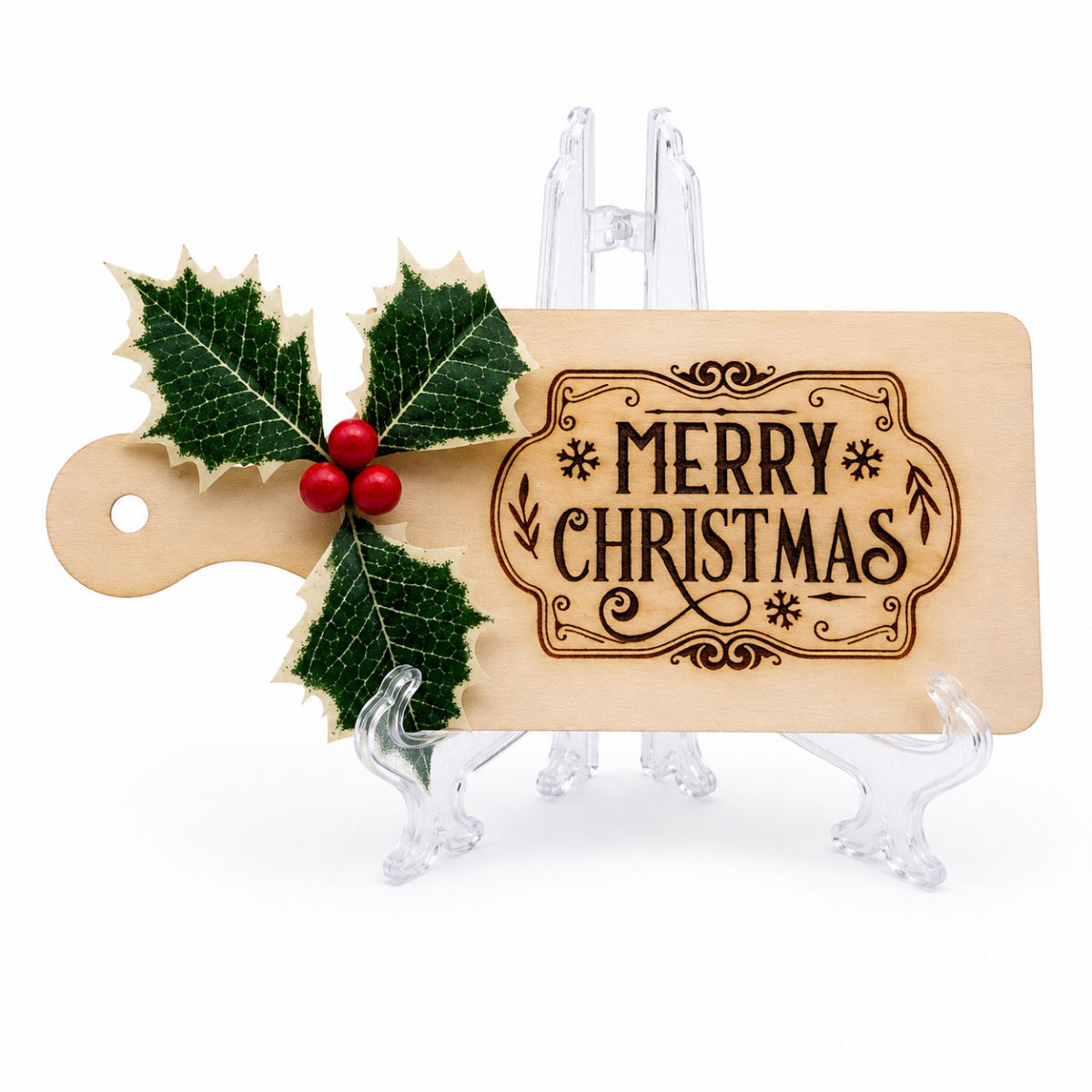 Merry Christmas Wooden Plaque with burnt wood engraving, holly decoration and display stand