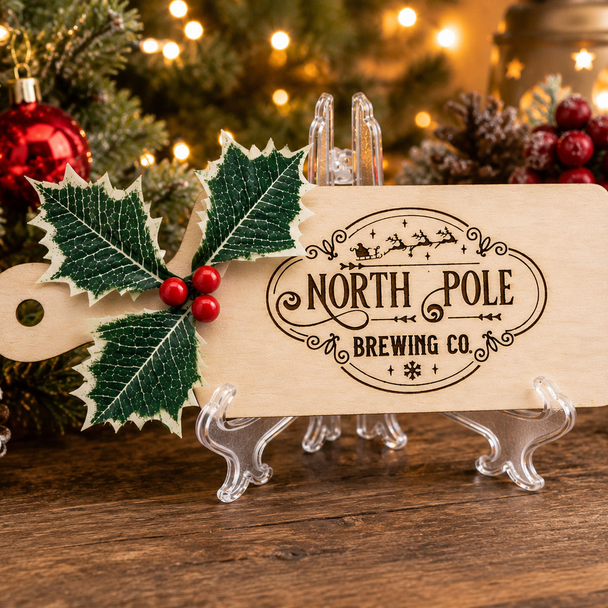 North Pole Wooden Christmas Plaque displayed among Christmas decorations and festive lights