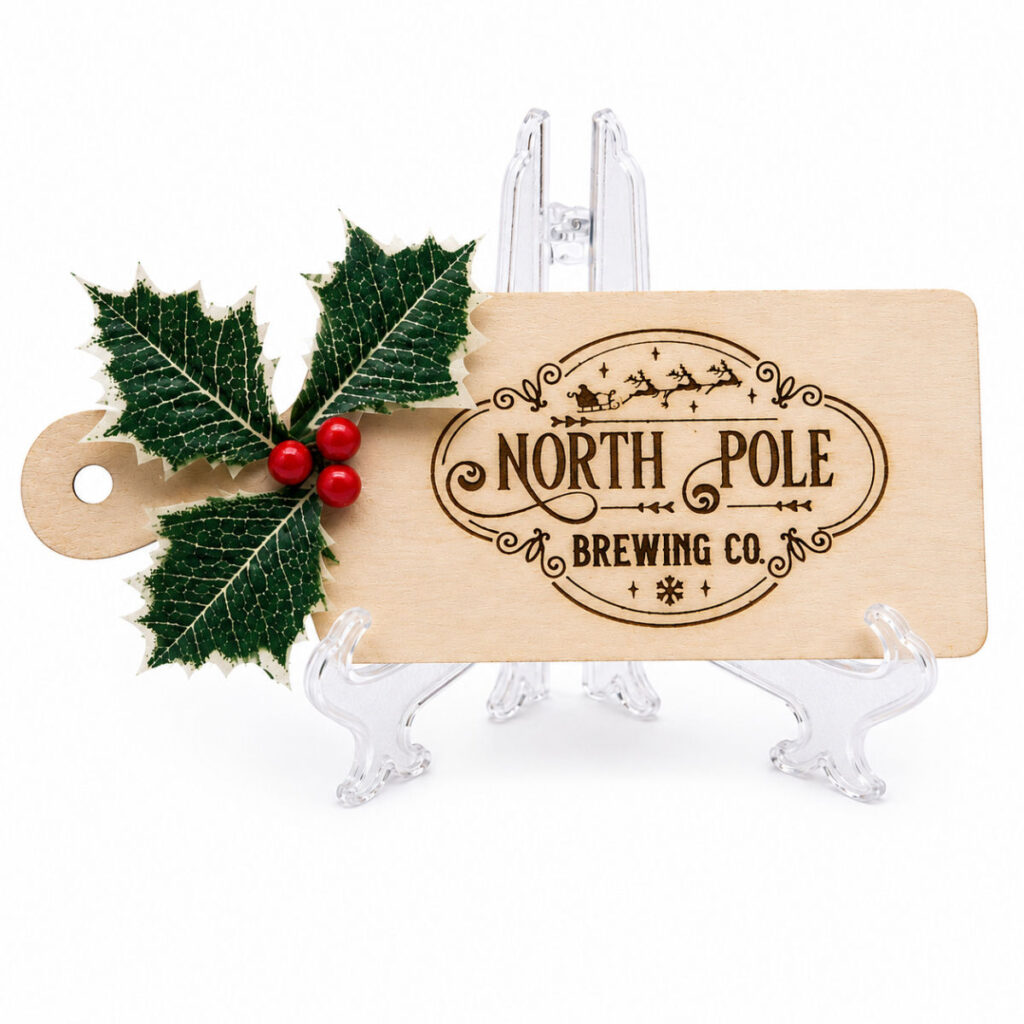 North Pole Wooden Christmas Plaque with holly leaves, berries and included display stand