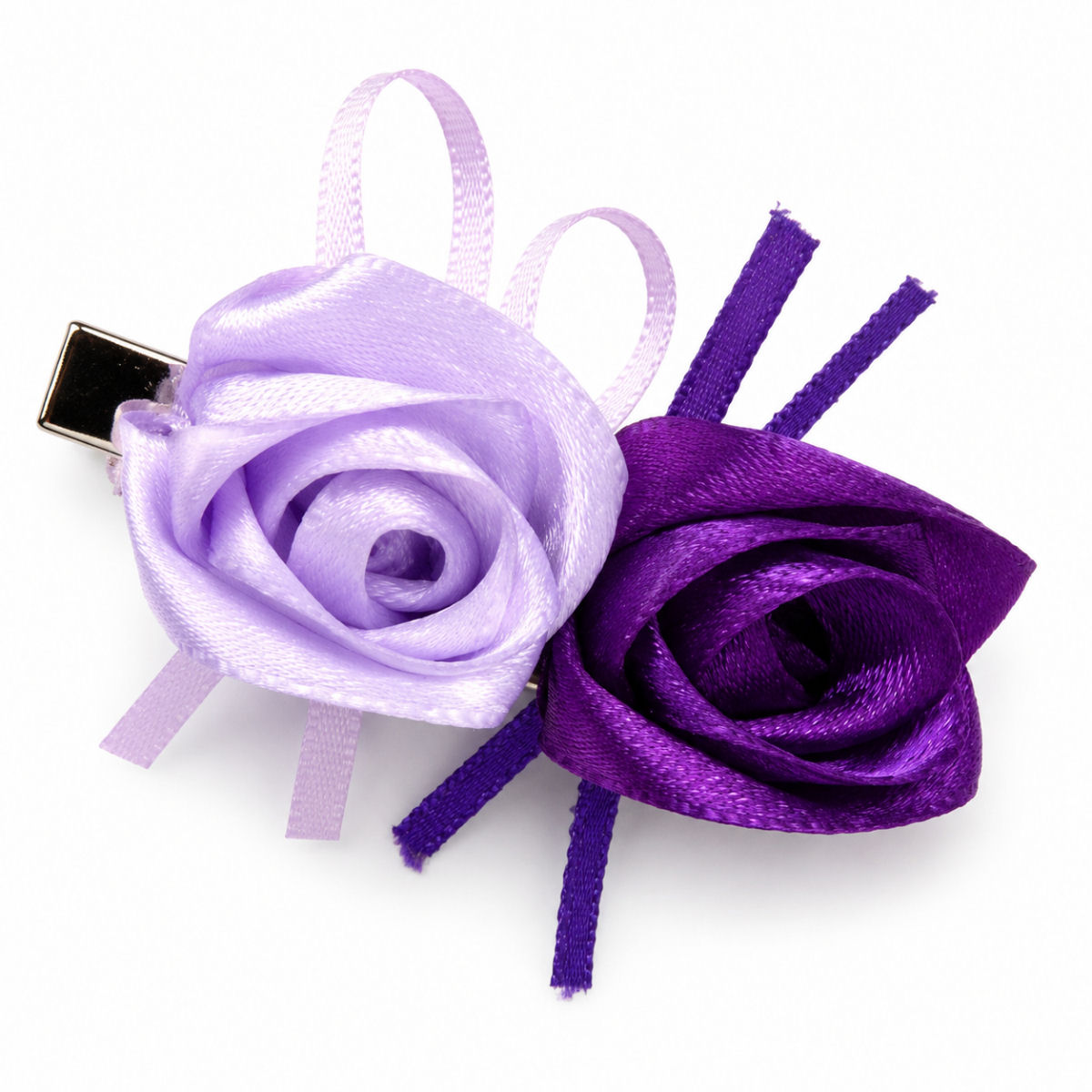 Handmade purple and light orchid satin rose hair clip pair with ribbon tails