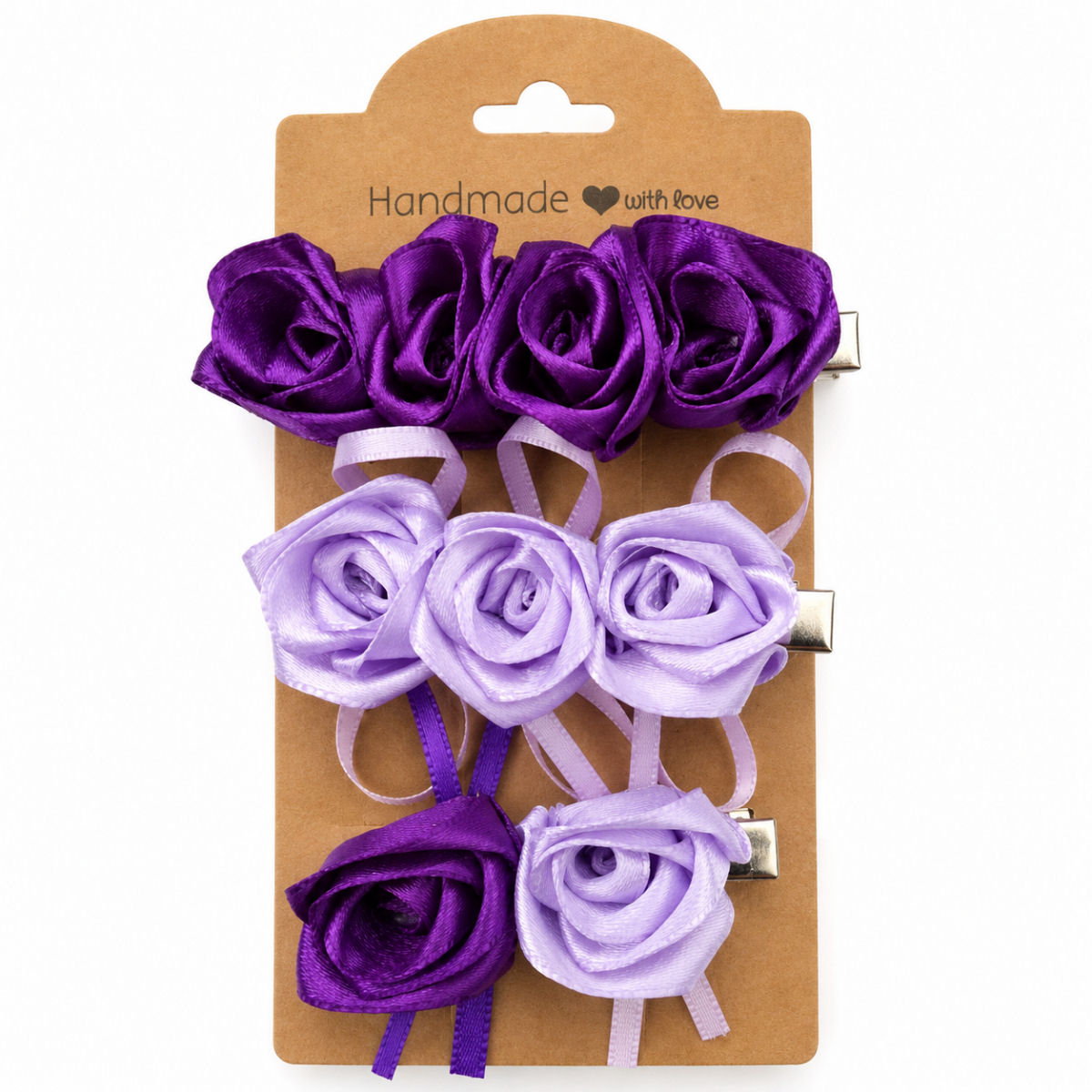 Handmade purple and light orchid satin rose hair clip set on display card