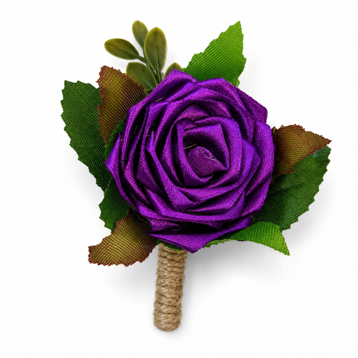 Purple satin rose wedding buttonhole with decorative greenery and rustic stem