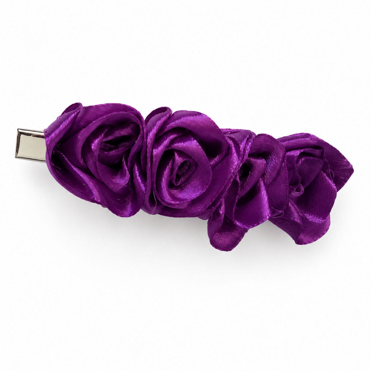 Handmade purple satin rose hair barrette with four ribbon roses