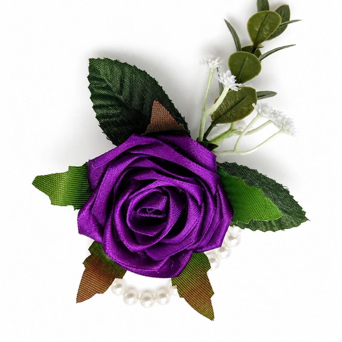 Handmade purple satin rose wrist corsage with pearl wristband and decorative greenery