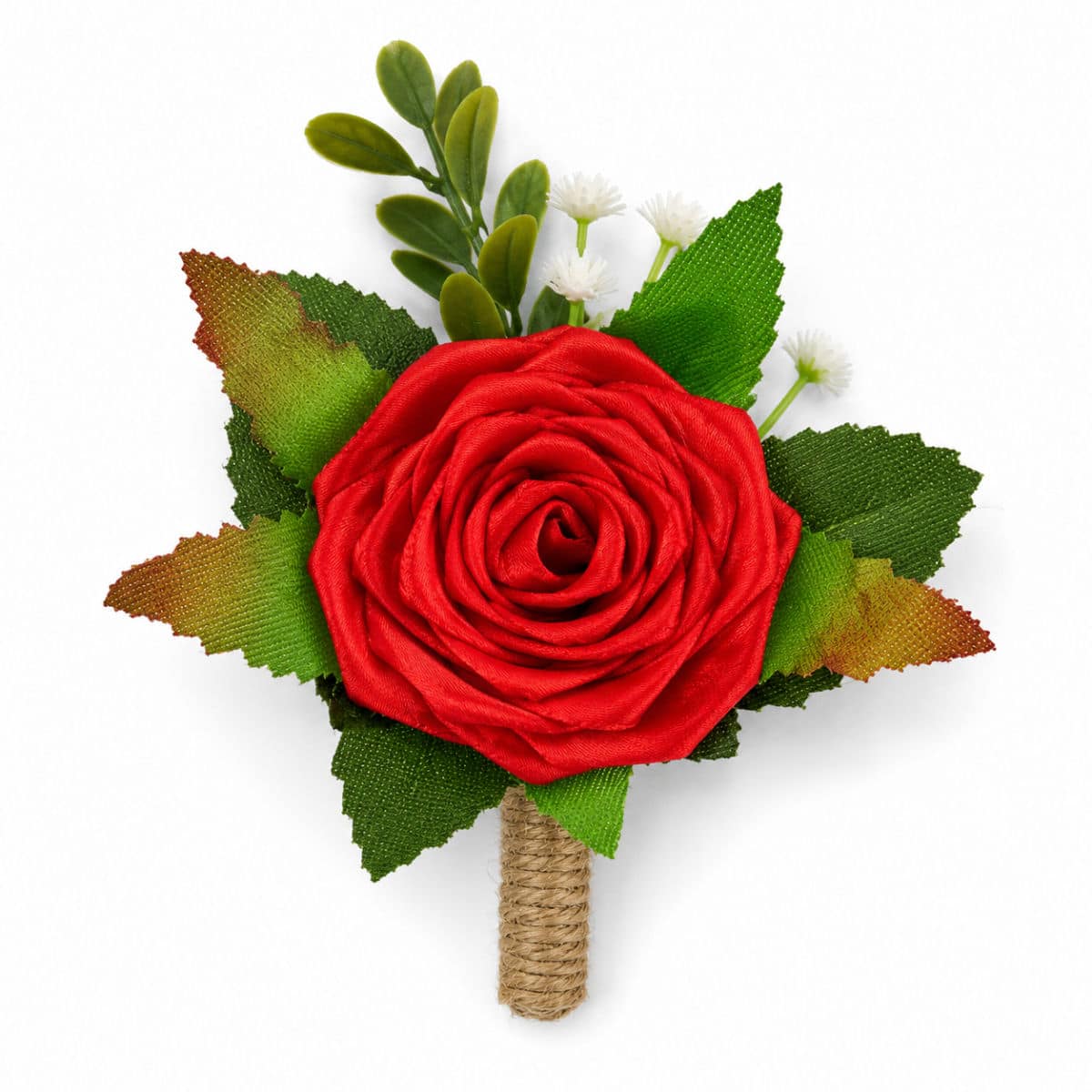 Red satin rose wedding buttonhole with decorative greenery and rustic stem detailing