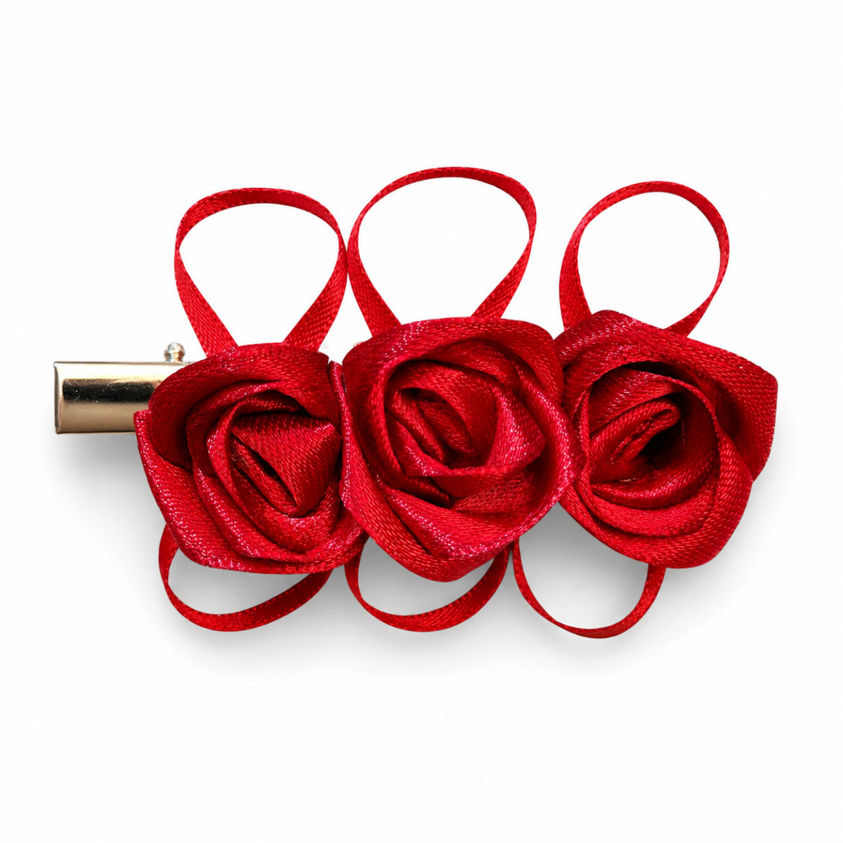Handmade red satin rose hair barrette with three ribbon roses