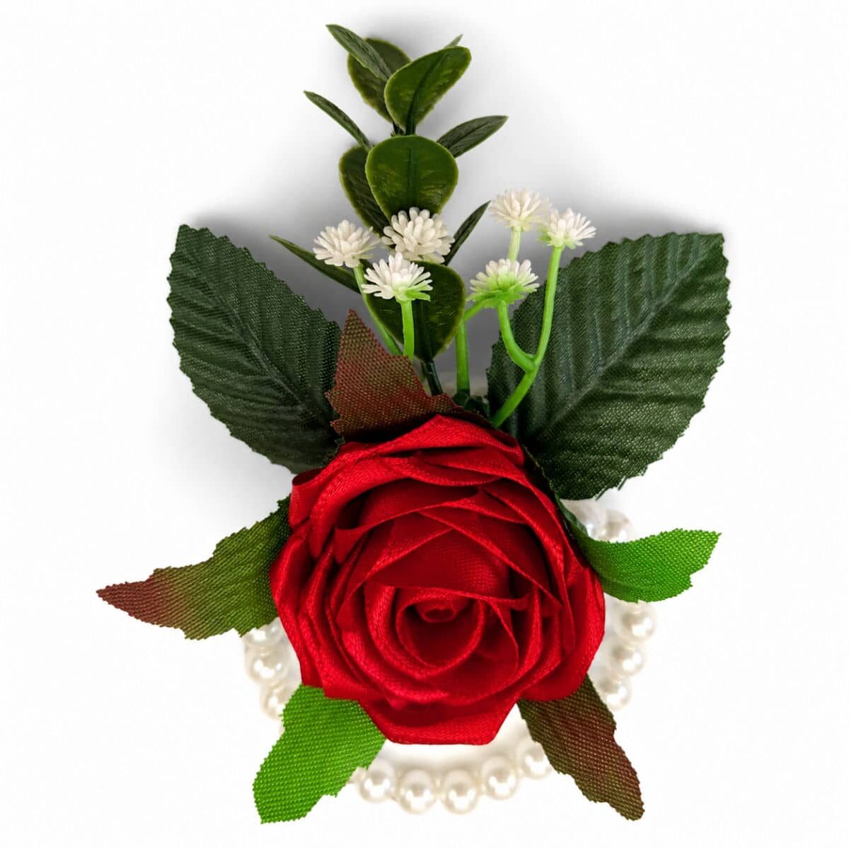 Handmade red satin rose wrist corsage with pearl wristband and decorative greenery
