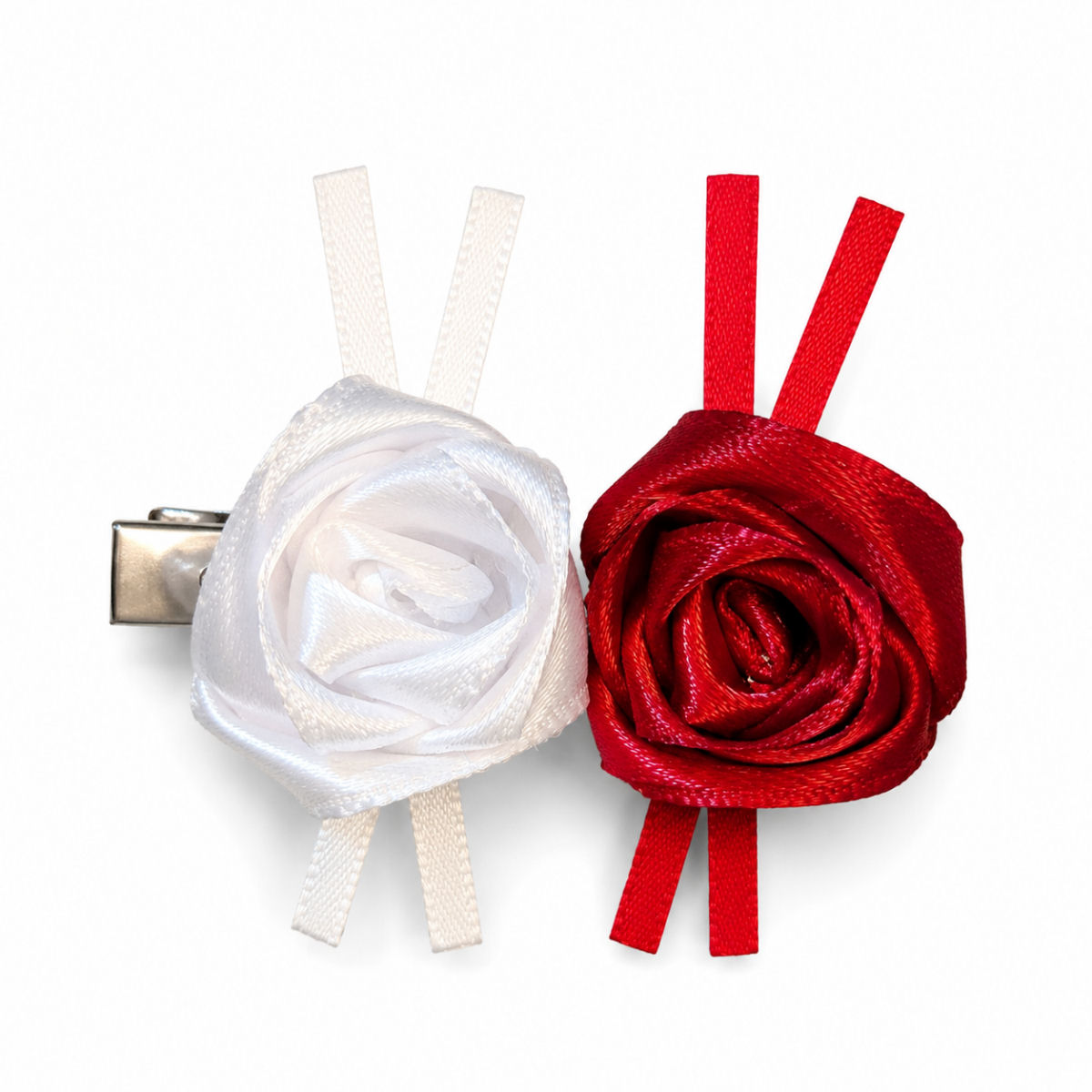 Handmade red and white satin rose hair clip pair with ribbon tails