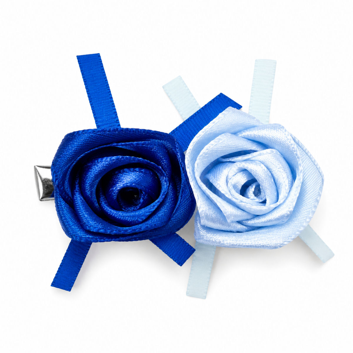 Handmade royal blue and bluebird satin rose hair clip pair with ribbon tails