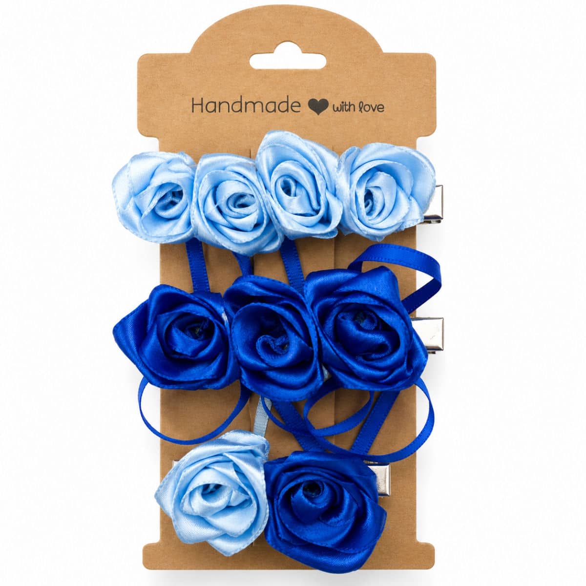 Handmade royal blue and bluebird satin rose hair clip set on display card