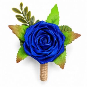Royal Blue satin rose wedding buttonhole with decorative greenery and rustic stem detailing