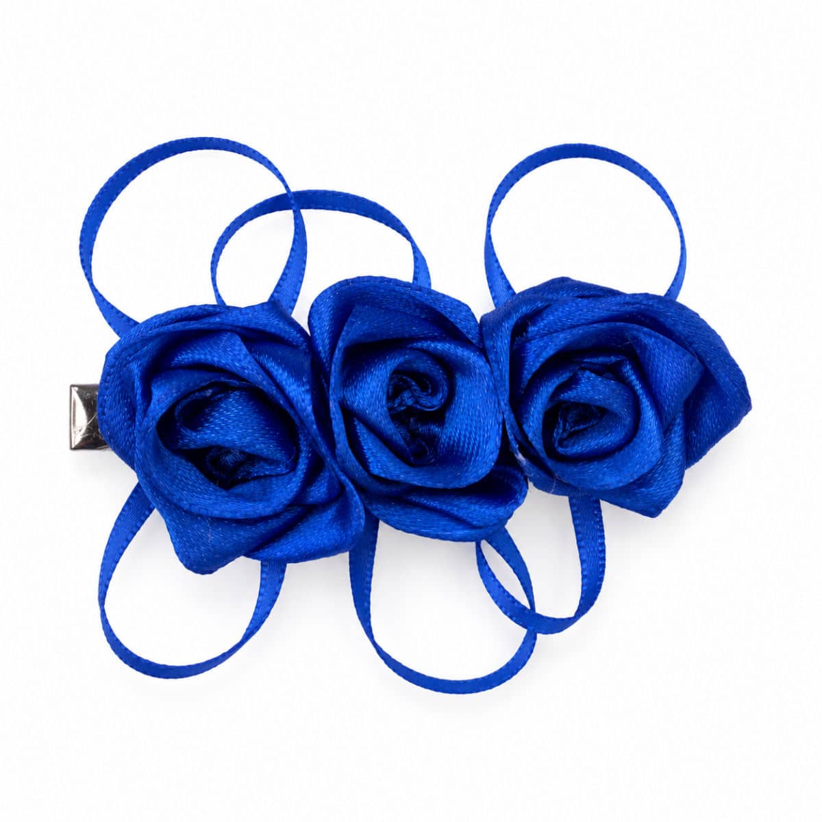 Handmade royal blue satin rose hair barrette with three ribbon roses