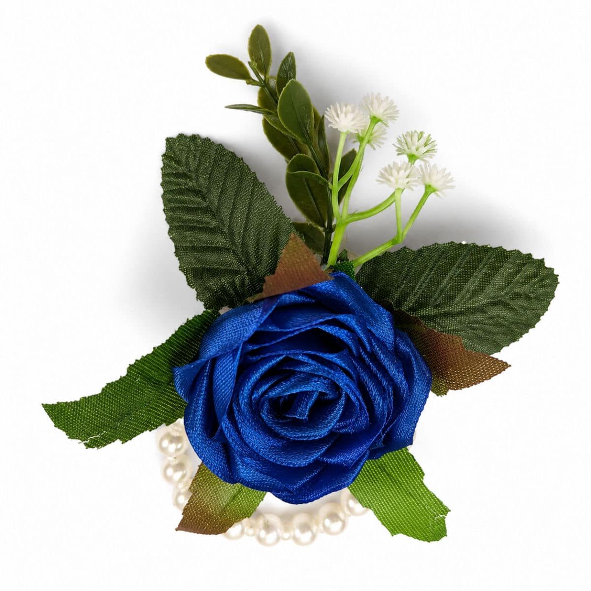 Handmade royal blue satin rose wrist corsage with pearl wristband and decorative greenery