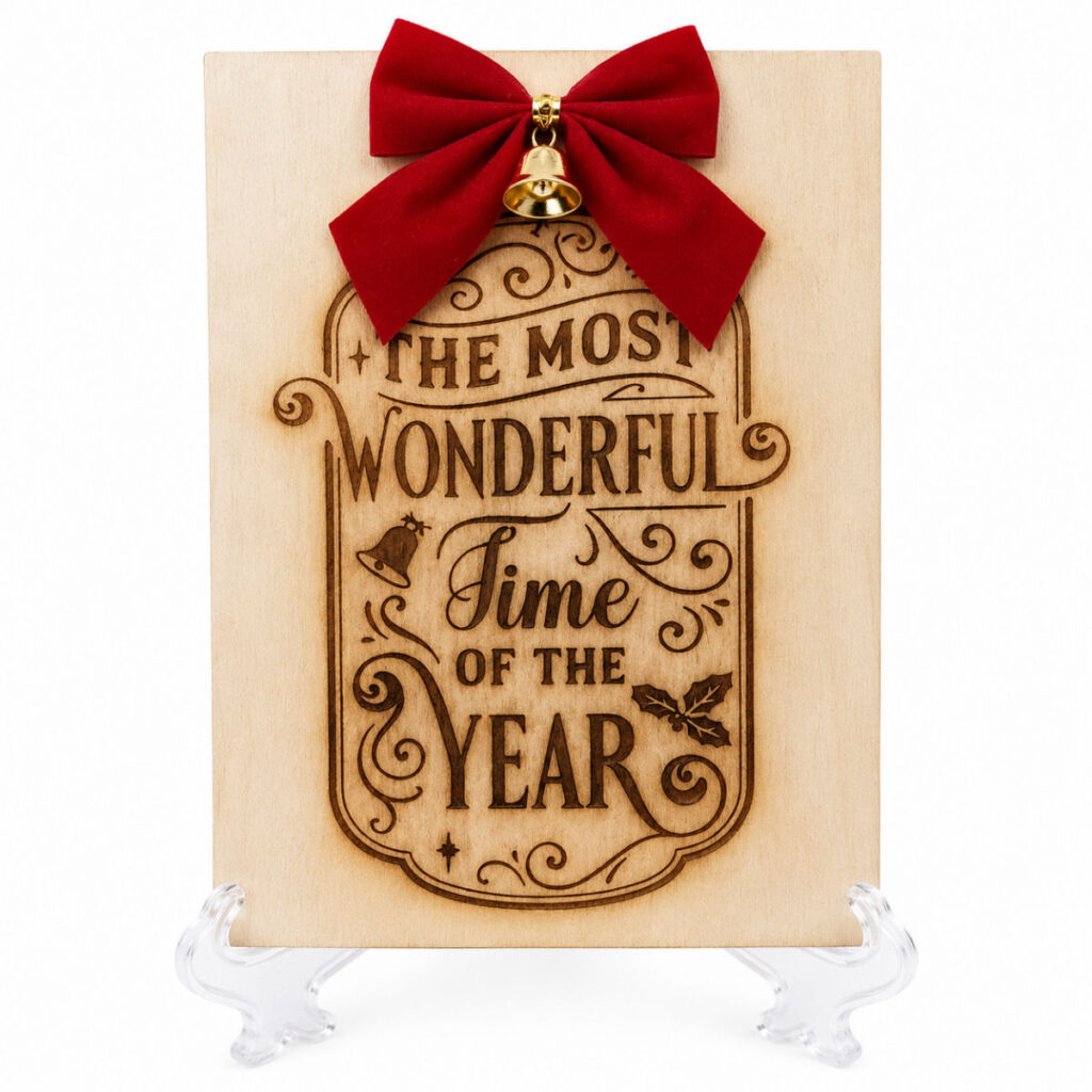 The Most Wonderful Time of the Year Wooden Christmas Plaque with red bow, bell detail and display stand