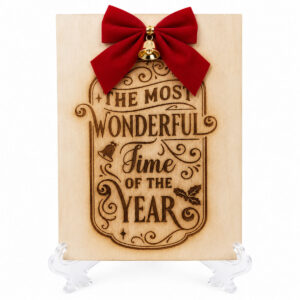 The Most Wonderful Time of the Year Wooden Christmas Plaque with red bow, bell detail and display stand