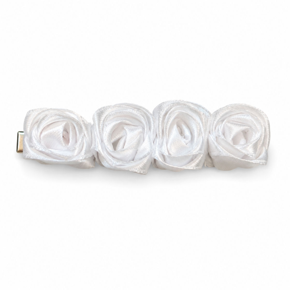 Handmade white satin rose hair barrette with four ribbon roses