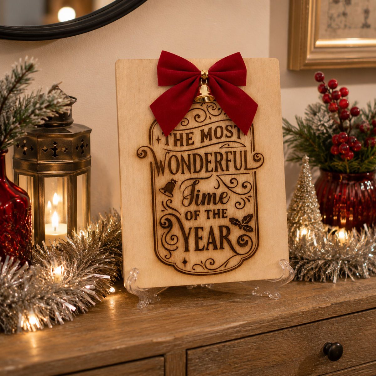 The Most Wonderful Time of the Year Wooden Christmas Plaque displayed with Christmas lights, tinsel and festive decorations